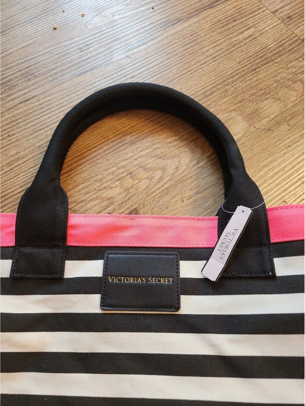 Victoria's Secret Black and White Striped Tote Bag with Pink Accents and Front P